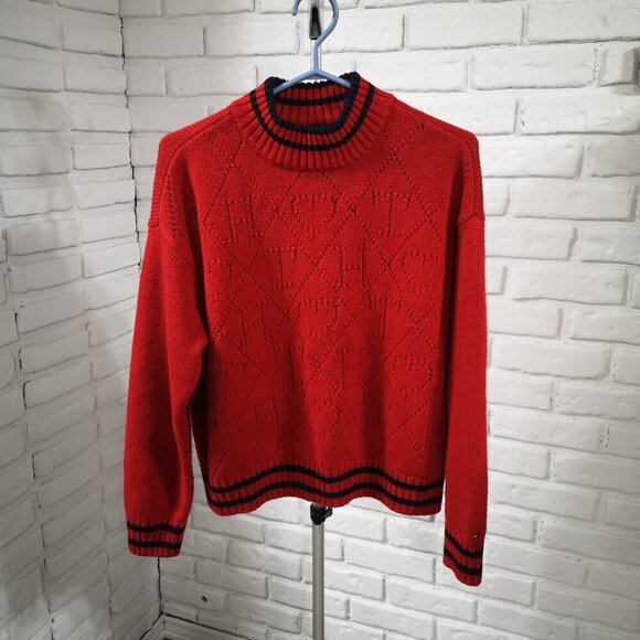Tommy Hilfiger Ladies Size Large Red w/ Navy Stripes Crew Neck Sweater - Picture 1 of 6